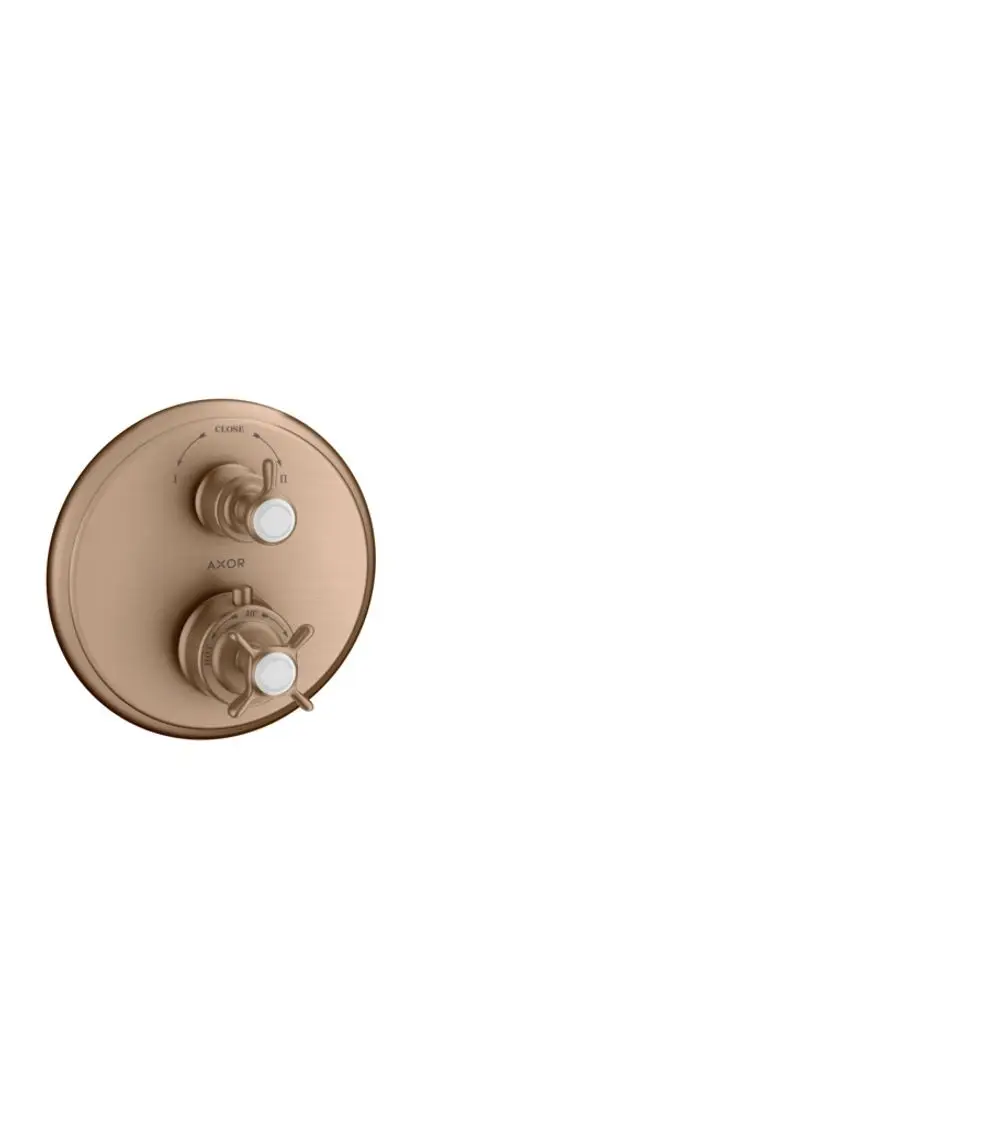 Thermostatunterputz von AXOR mit zwei Kreuzgriffen, einem Ab- und Umstellventil sowie Skala zum Regler für Temperatur und Durchfluss. Farbton Brushed Red Gold.